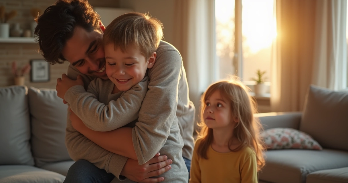 Dos hermanos, uno recibiendo afecto y otro mirando de lejos 