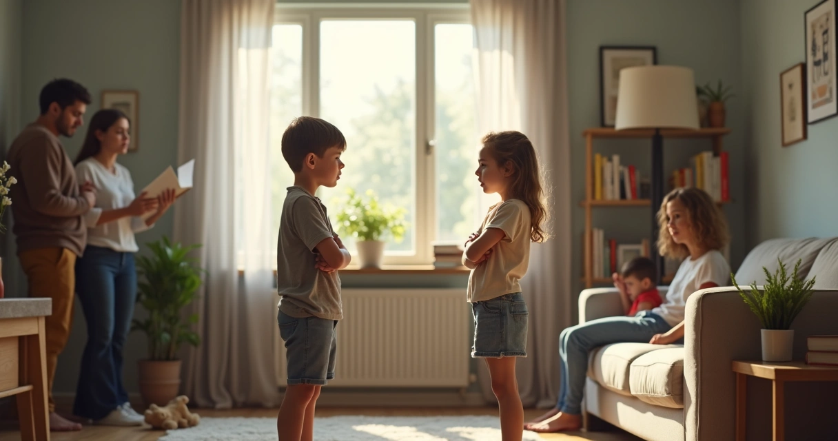 Dos hermanos discutiendo en la sala mientras los padres observan con tensión