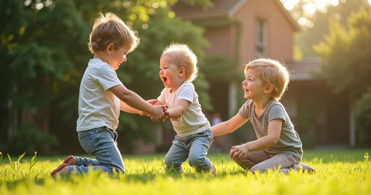 Tres hermanos de diferentes edades juegan juntos en un jardín en un día soleado