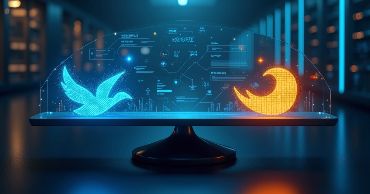 Comparação entre duas plataformas de IA em balanço digital futurista 