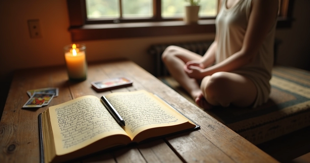 Open journal and tarot cards on a wooden table beside a meditating person 