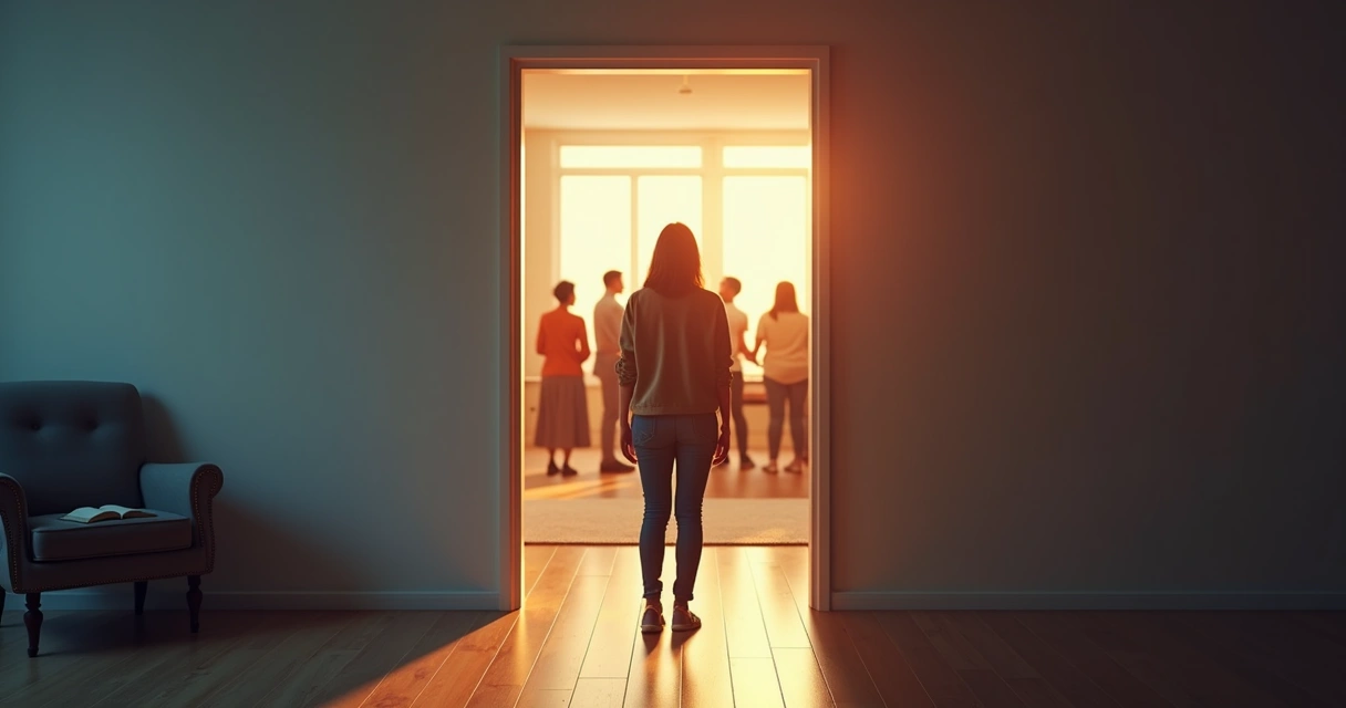 Person stepping out from a quiet room into a lively community space 