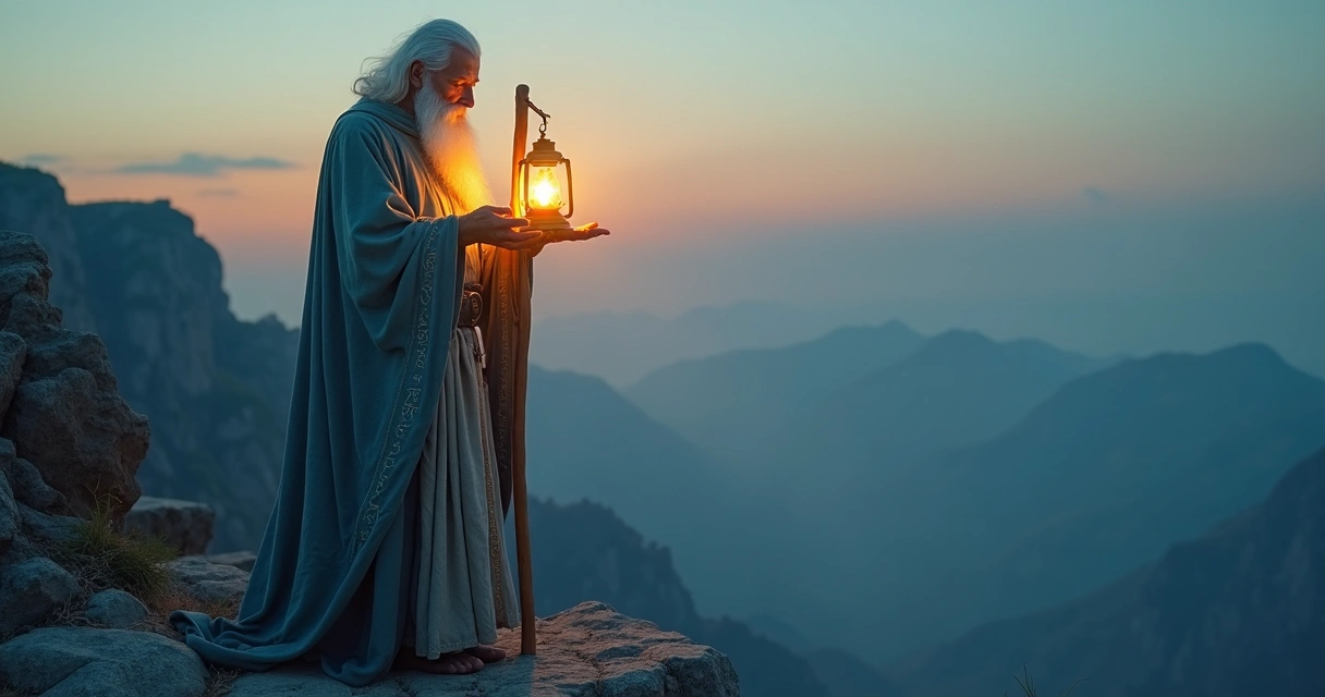 The Hermit tarot card showing an elderly figure holding a glowing lantern at dusk on a mountain peak 