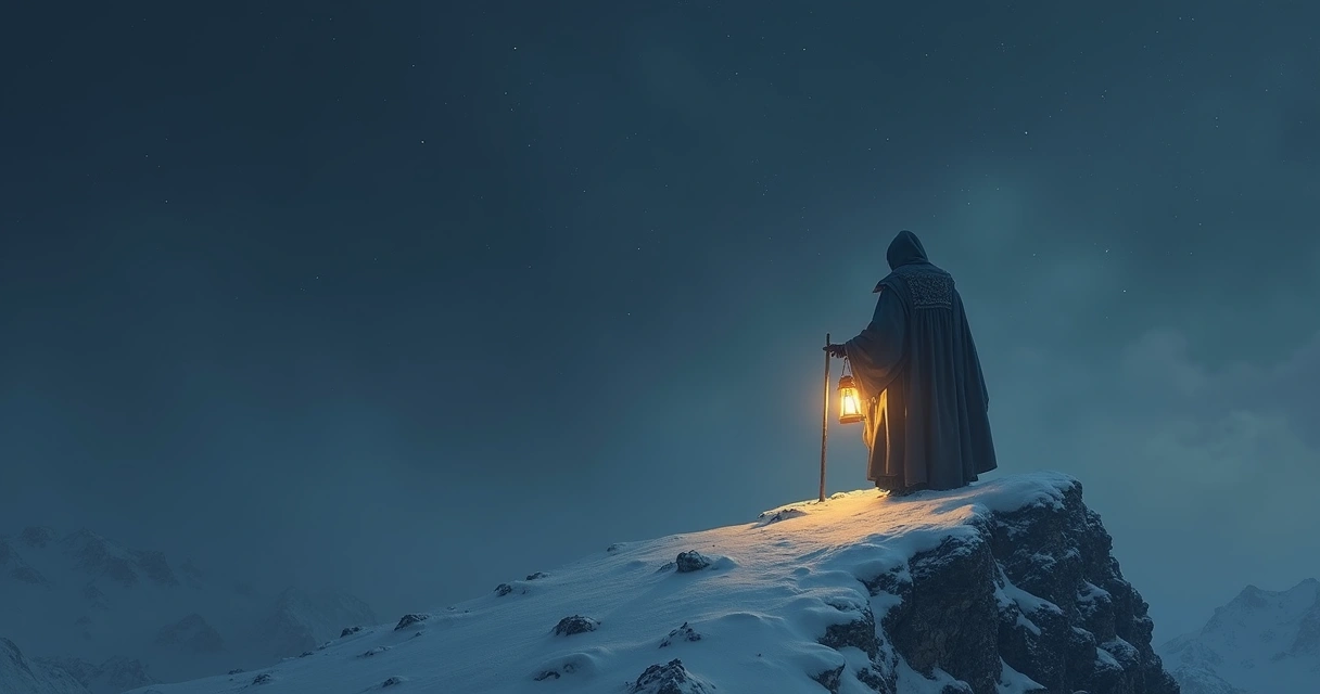Hermit tarot card showing a cloaked figure holding a lantern atop a snowy mountain 