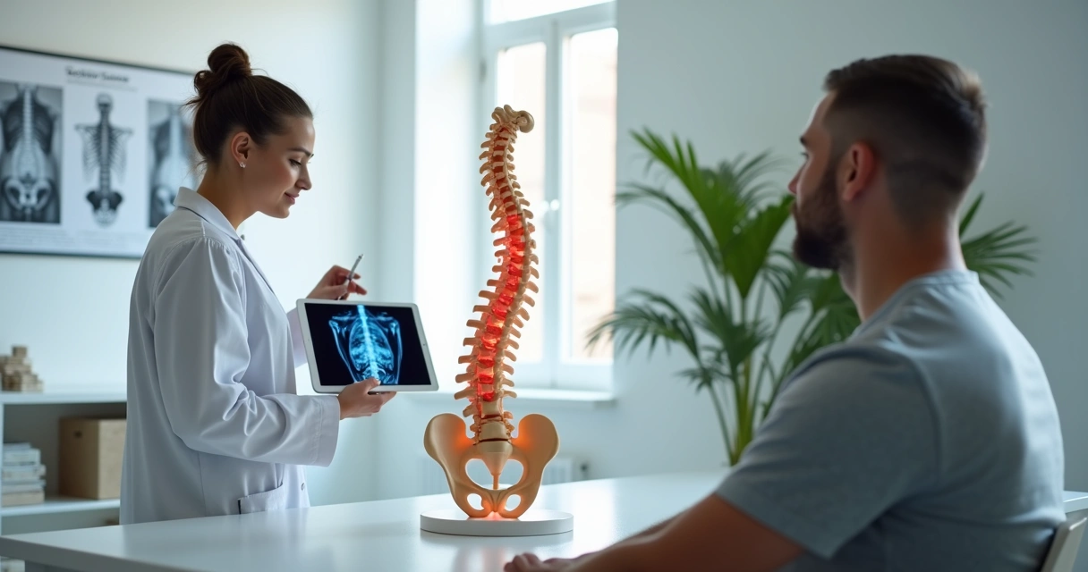 Profissional de saúde explicando hérnia de disco usando modelo de coluna vertebral 