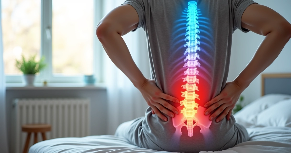 Vista posterior da região lombar destacando hérnia de disco na coluna 