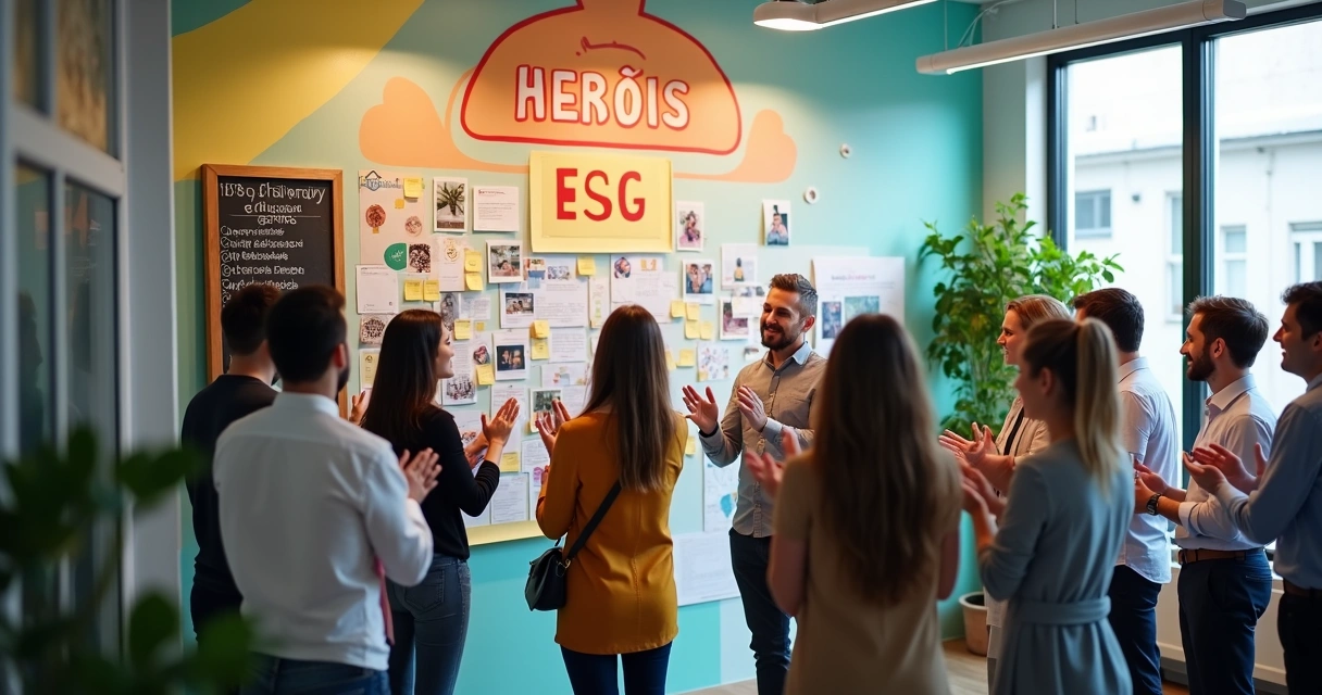 Colaboradores comemorando resultados ESG em mural de destaques 