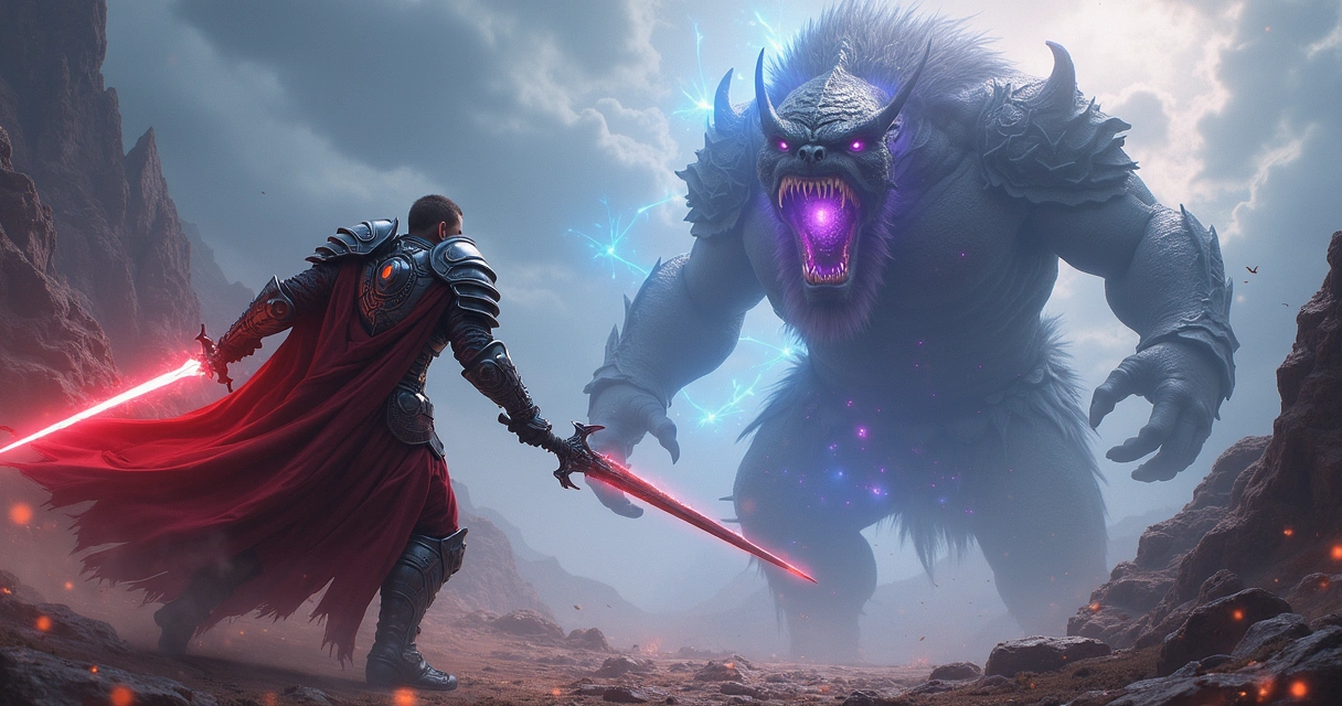 Guerrero de fantasía con armadura y espada brillante en acción