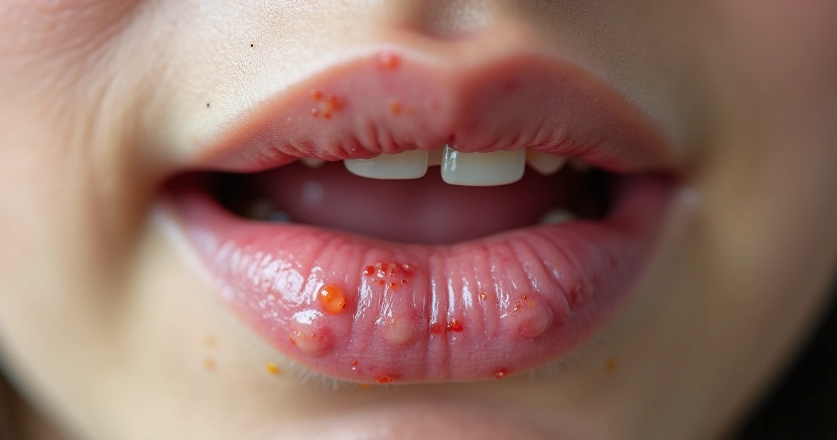 Lesão de herpes nos lábios com pequenas bolhas e vermelhidão