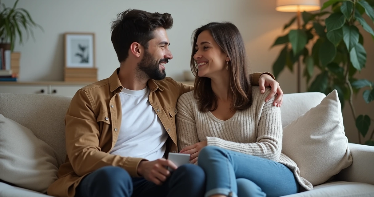 Casal sentado conversando em casa, parecendo confortável e conversando
