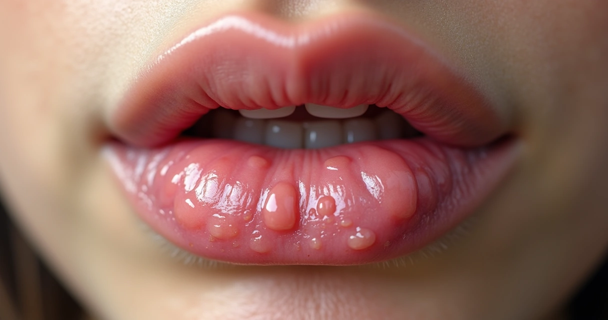 Bolhas de herpes no lábio inferior em close 