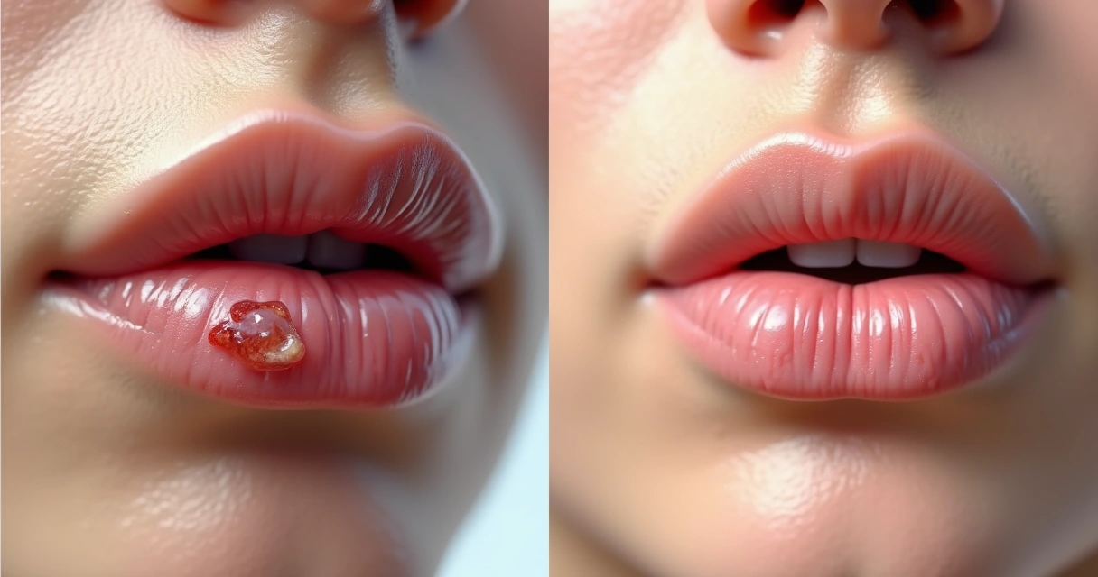 Representação detalhada de lesão de herpes labial e genital 