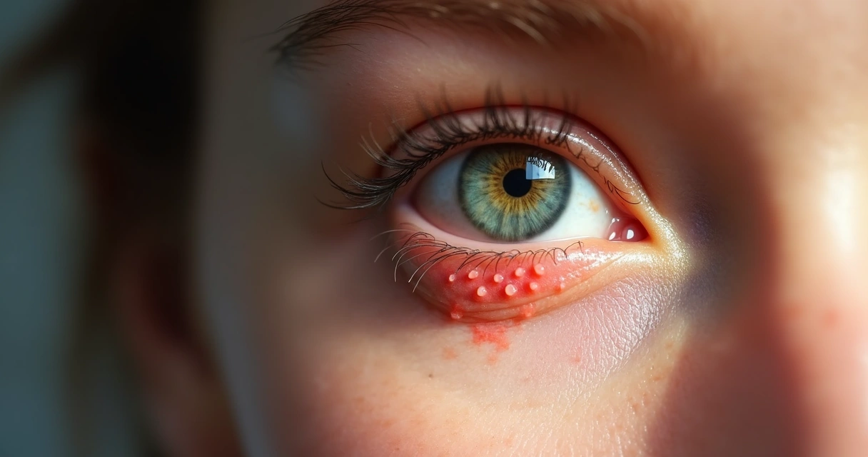 Olho com sinais de herpes oftálmico, região avermelhada.