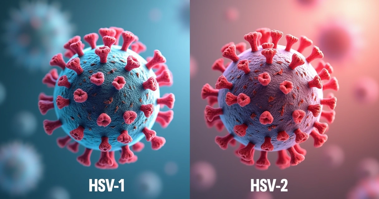 Ilustração comparando os tipos de vírus herpes simplex HSV-1 e HSV-2 lado a lado
