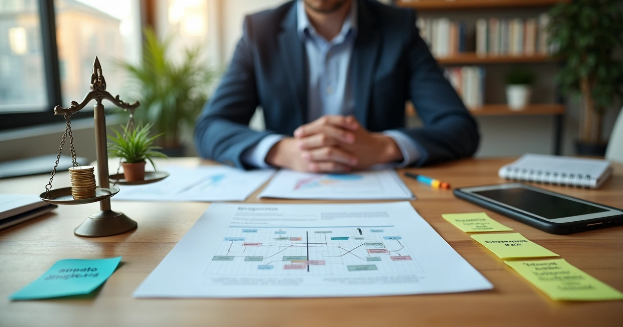 Persona analizando opciones éticas con balanza y herramientas sobre una mesa 