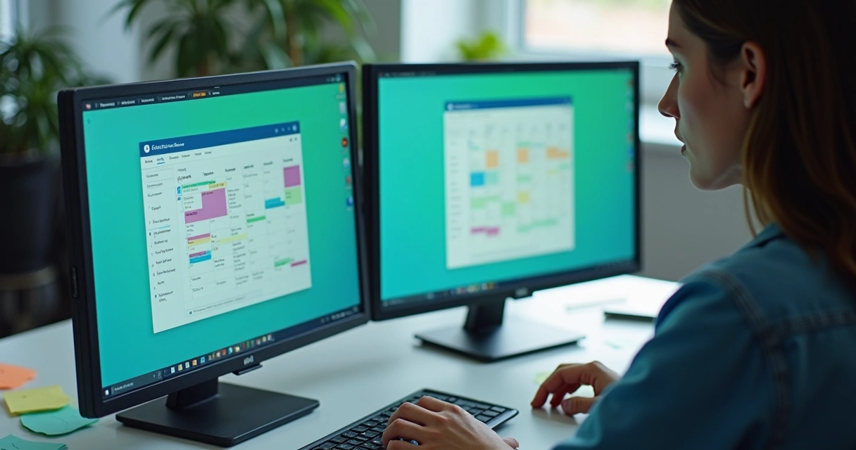 Pantallas con aplicaciones colaborativas, chat, y calendario en escritorio. 