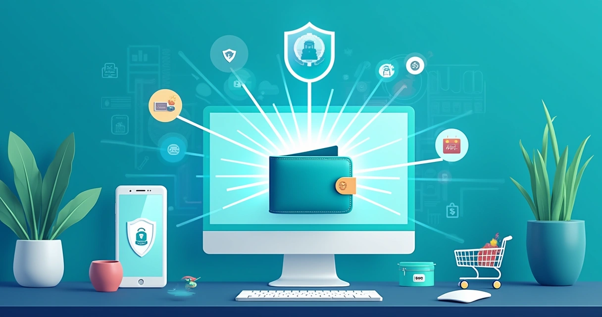 Ilustración de herramientas digitales para la seguridad en pagos, incluyendo billetera digital y antivirus.