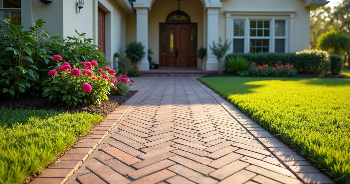 Herringbone pattern paver walkway leading to front door 