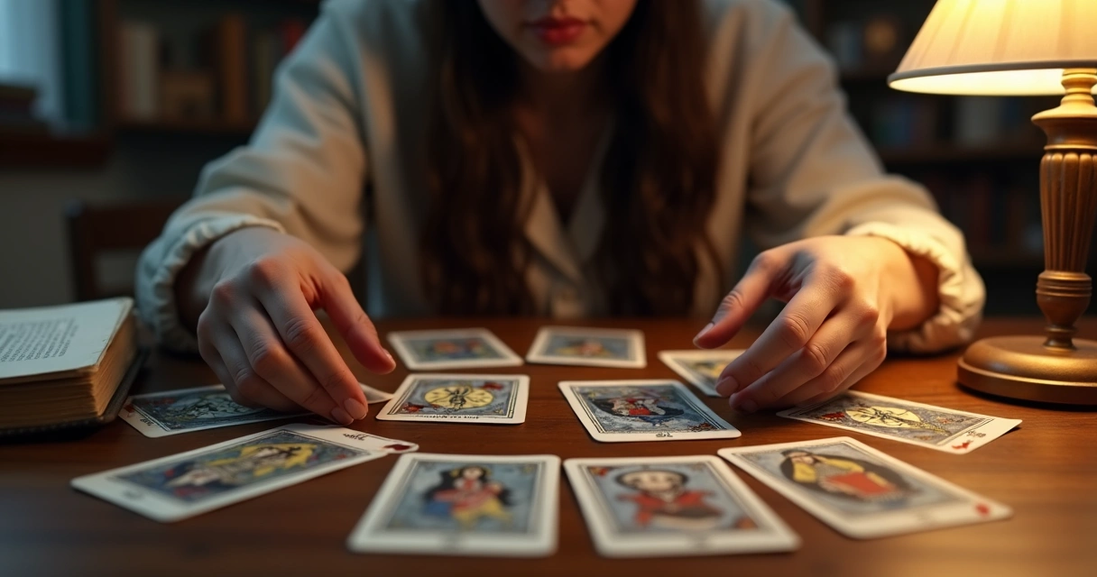 Tarot reader at desk surrounded by scattered tarot cards, looking unsure
