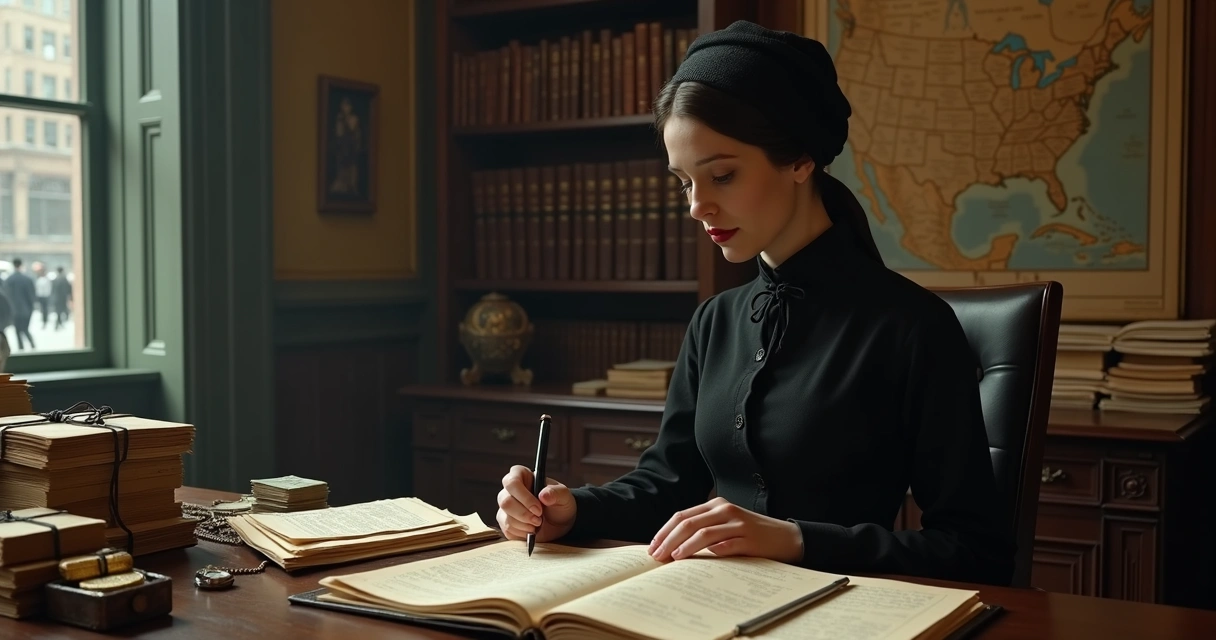 Mulher vitoriana analisando documentos financeiros em mesa com dinheiro e títulos antigos 