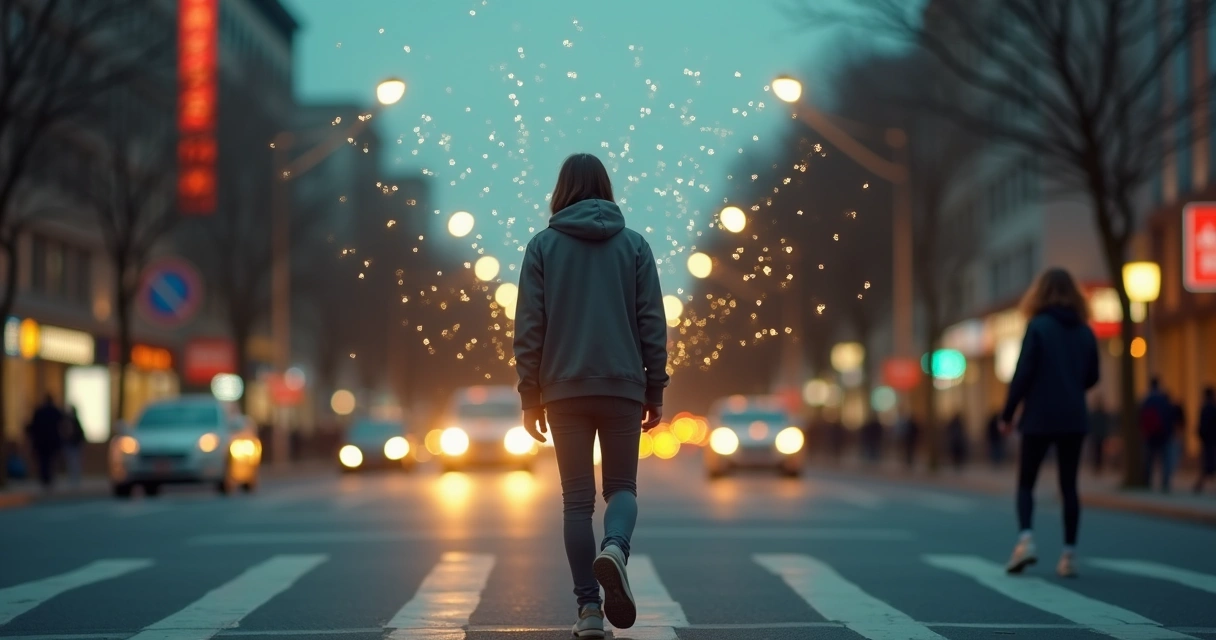 Person walking on city street with invisible strings subtly guiding their movements 