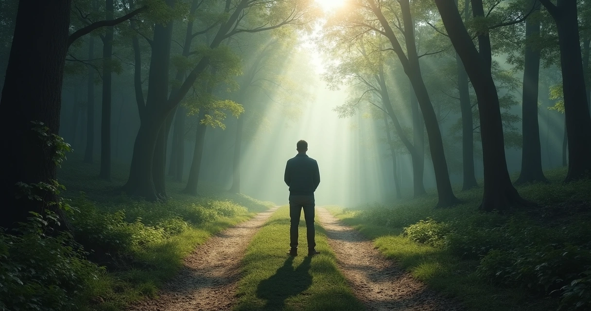 Man standing at pathway inside dense forest, shafts of sunlight highlighting two diverging roads 