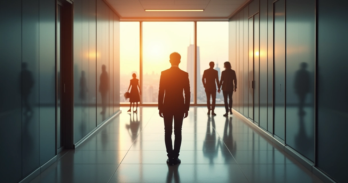 Professional standing at career crossroads connected to shadowy family silhouettes 