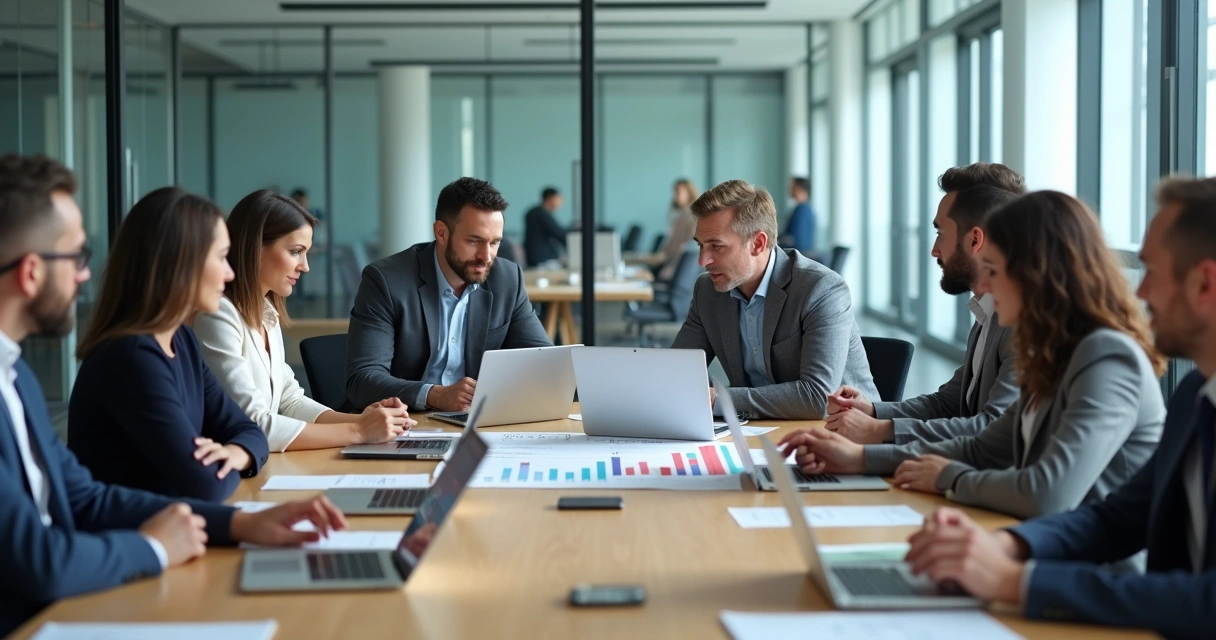 Professional team in meeting room with subtle tension and rival glances 