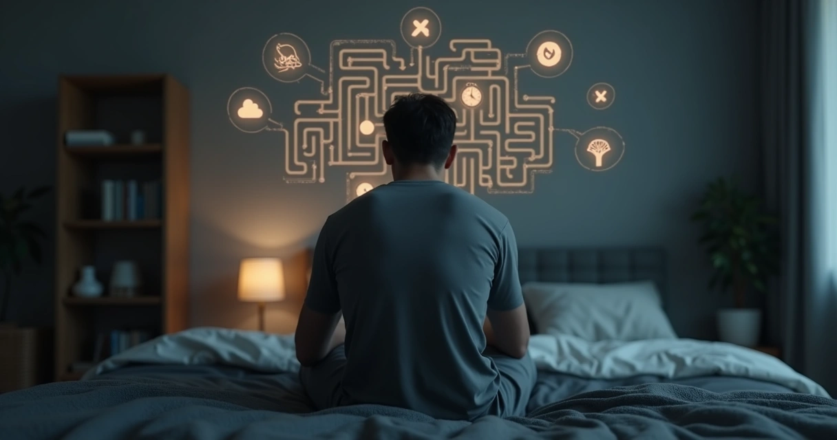 Person in a dark room surrounded by floating symbols and hidden emotional triggers 