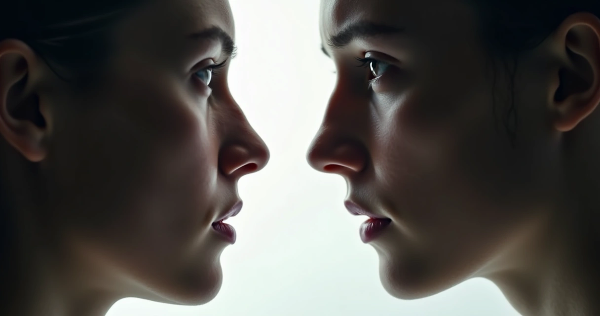 Two faces in profile, one half in shadow, one in light, representing hidden emotions 