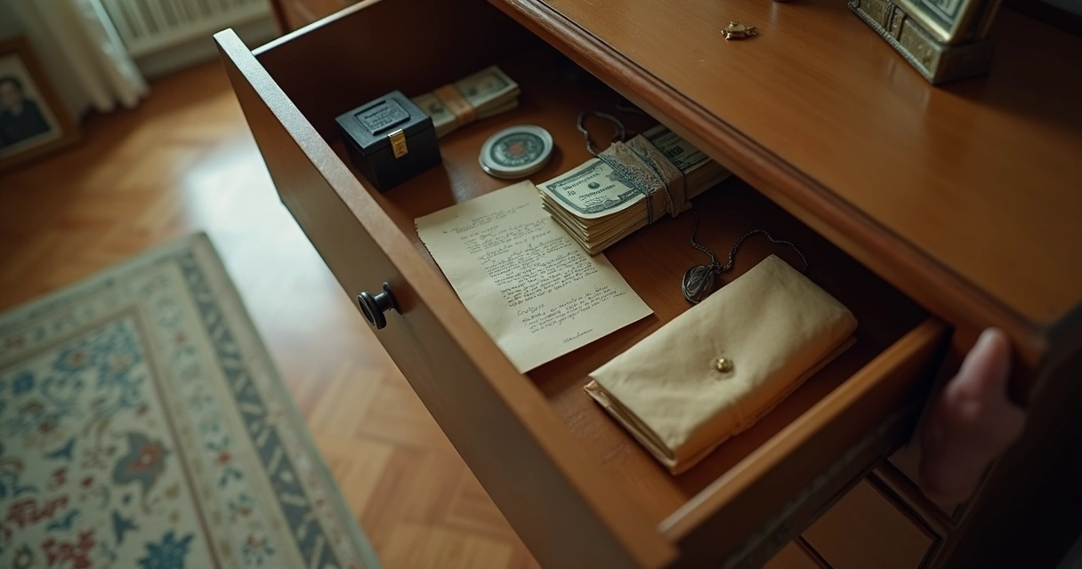 Hand opening household drawer revealing hidden money and old letters 
