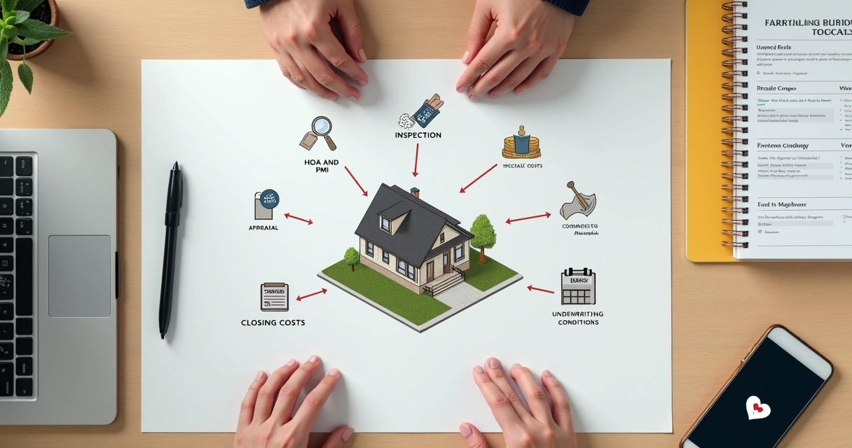 Overhead view of first-time homebuyer looking at house illustration covered with hidden cost icons 