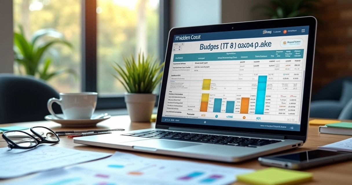 Desk with laptop showing an IT budget chart with highlighted hidden costs and sticky notes with calculations 