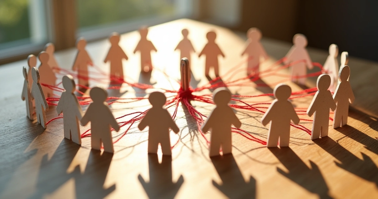Network of paper people connected by string on tabletop