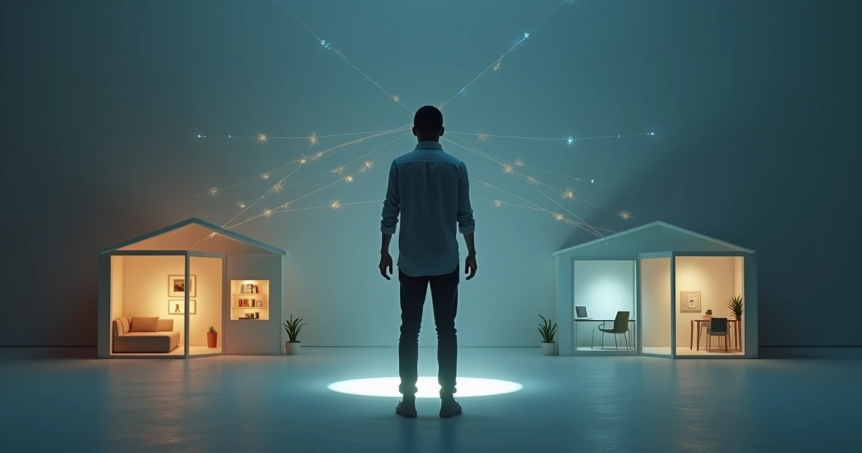 Person standing between home and office icons connected by subtle strings 