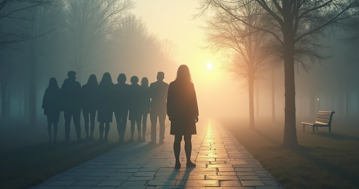 Person split between shadow family silhouettes and a path toward self-awareness 