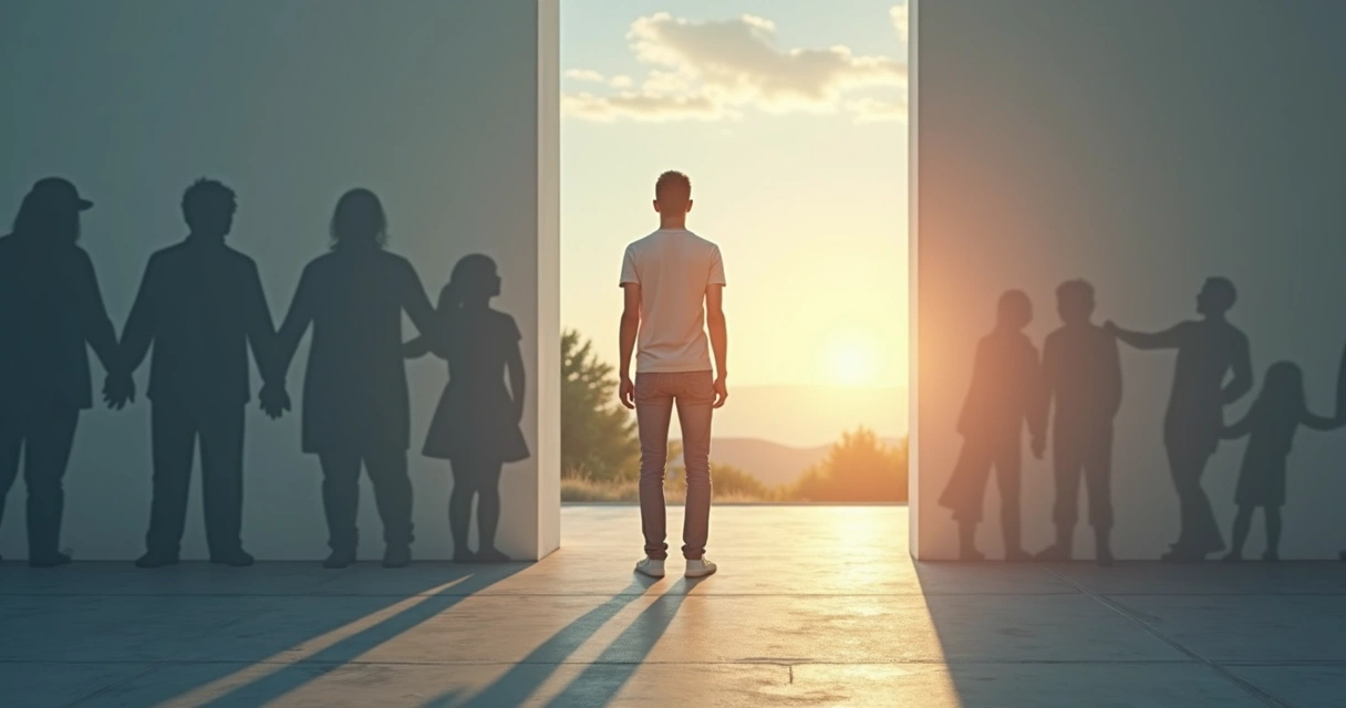 Person stepping out of a shadowed family silhouette onto a bright open path 