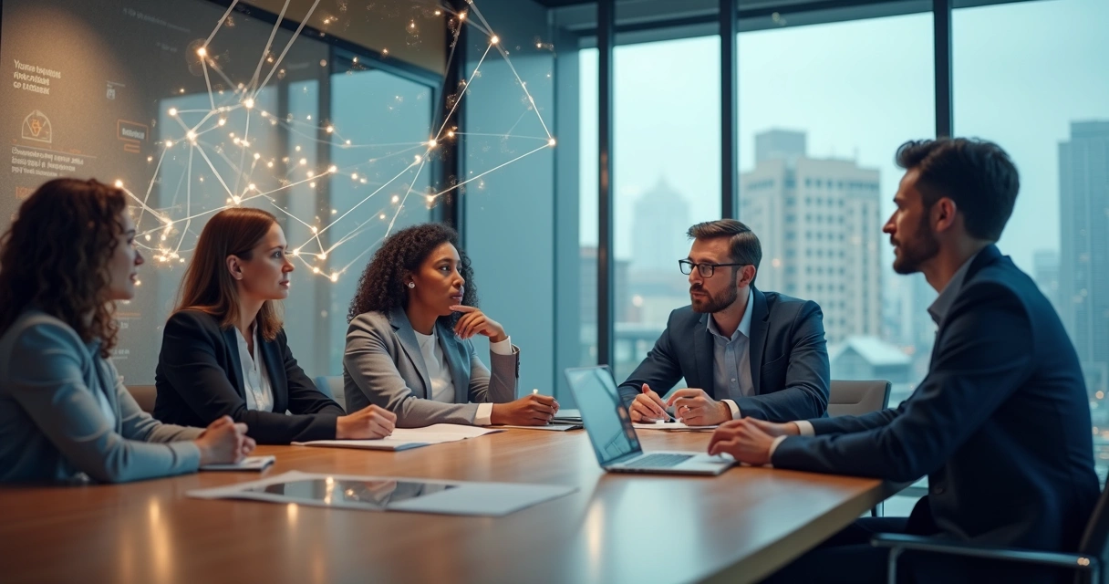 Business team in glass-walled office overlaid with subtle network lines and shadowy structures 