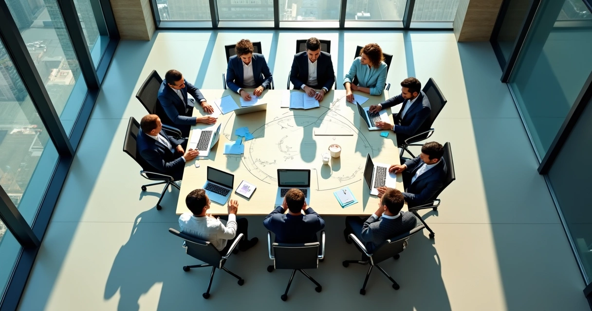 Office team seen from above with shadow patterns hinting at hidden organizational dynamics 