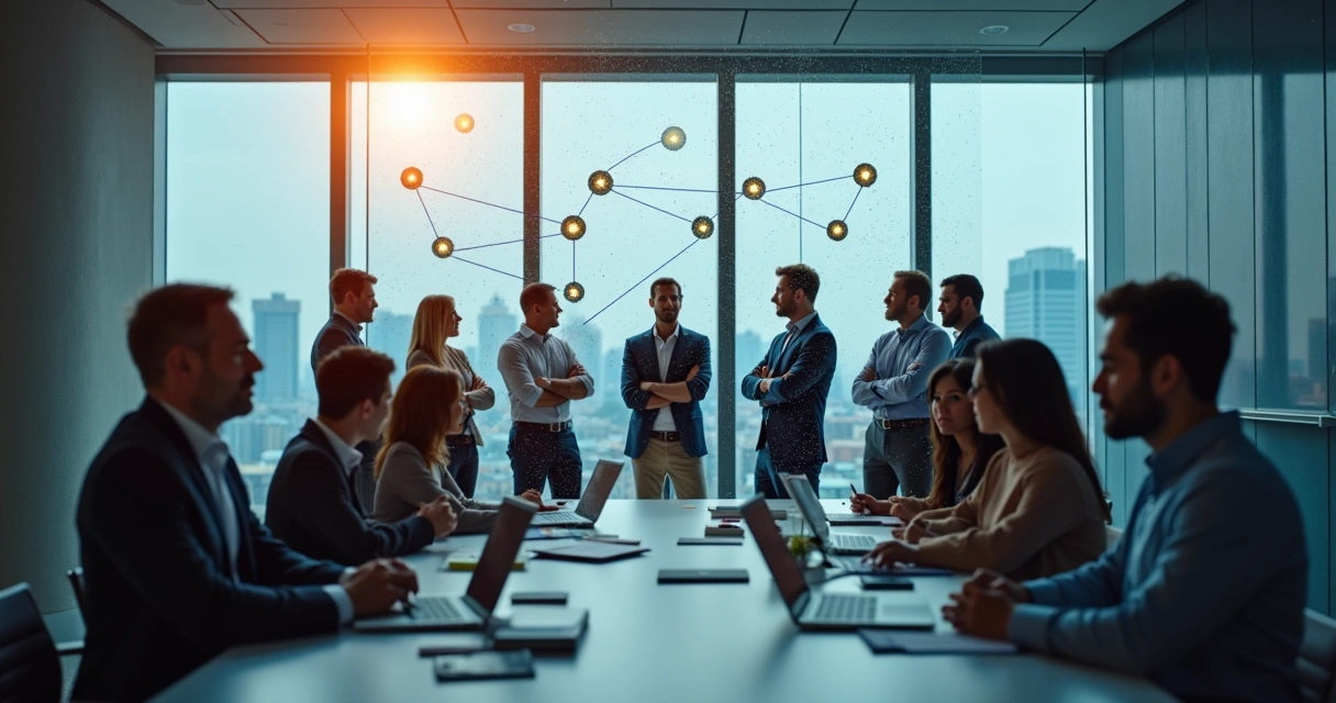 Business leaders observing hidden organizational patterns in a modern office 