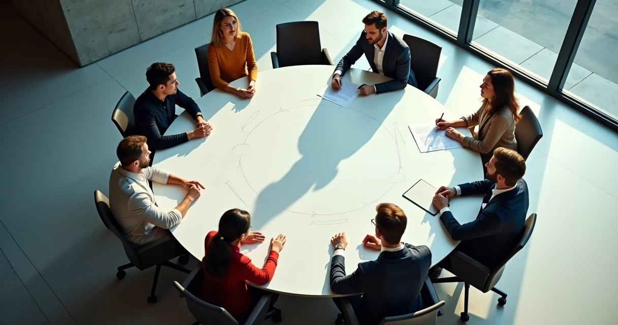Overhead view of diverse group at circular table with one shadow dominating the center 