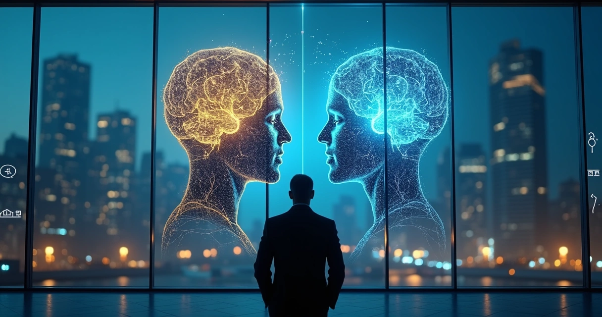 Business leader facing two overlapping transparent silhouettes with interconnected neural patterns 