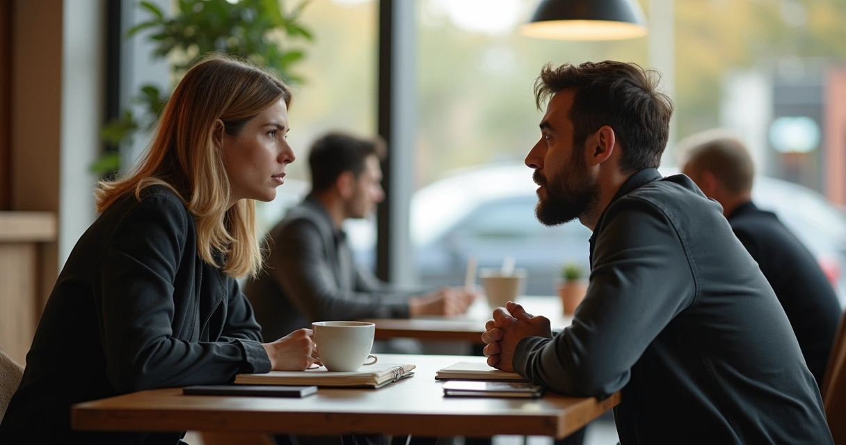 Two people talking calmly while one hides clenched fist behind back 