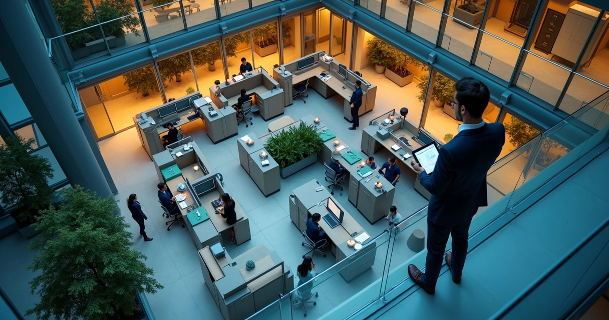 Business leader overlooking a maze-shaped office floor plan from above 