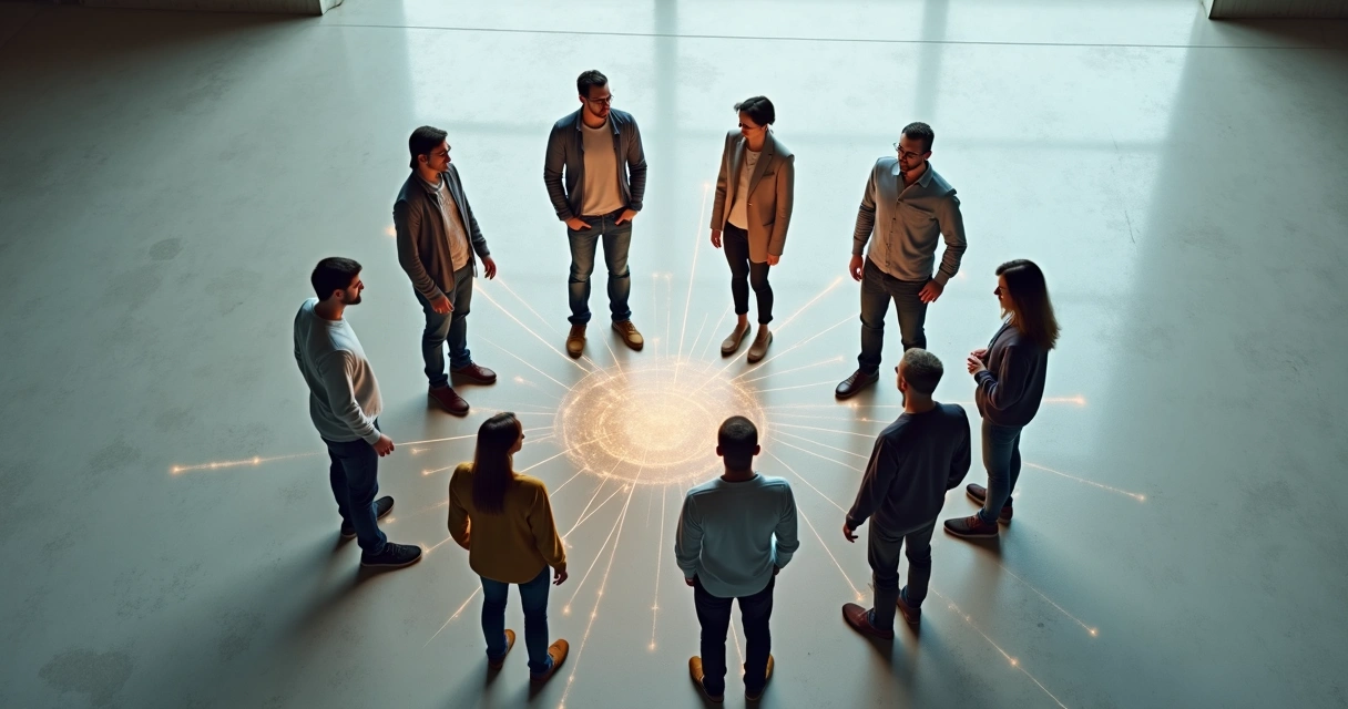 Overhead view of diverse people in a circle with subtle glowing connection lines between them 