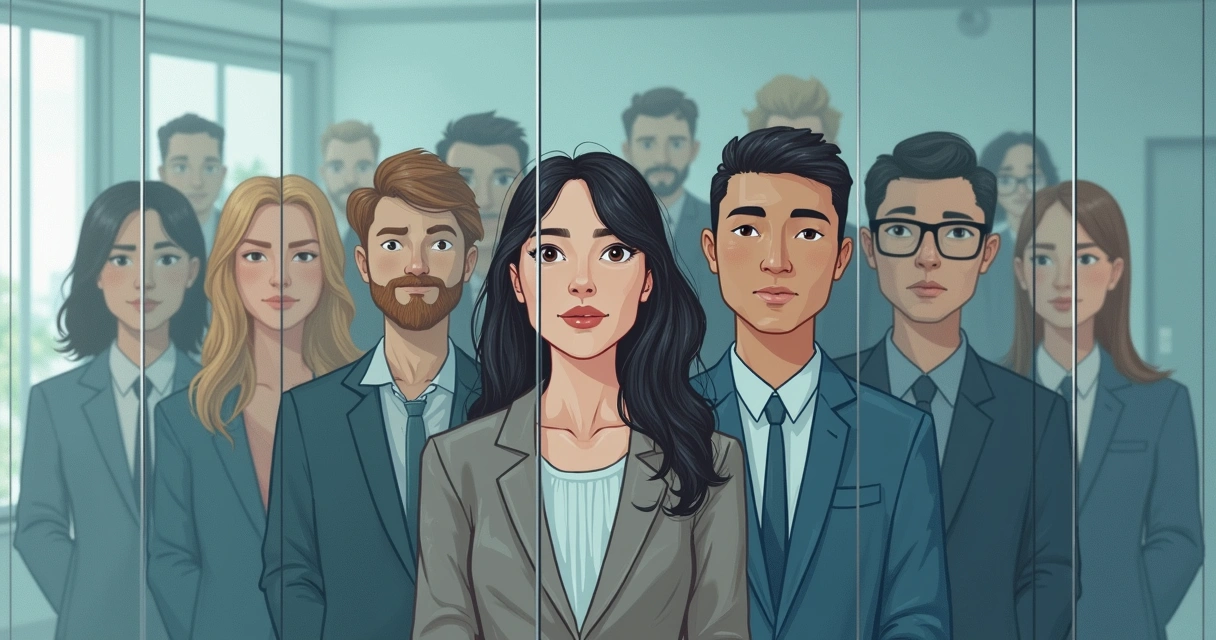 Illustration of people behind glass walls with their real thoughts hidden behind, symbolic layers in a group