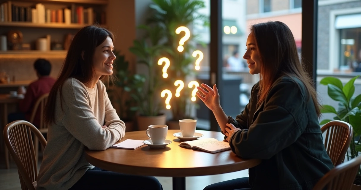 Two people talking in a cafe with glowing question symbols between them 