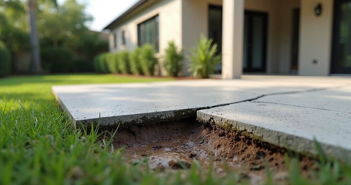 Close-up of cracked concrete patio with visible water damage and soil erosion underneath, Orlando backyard setting 
