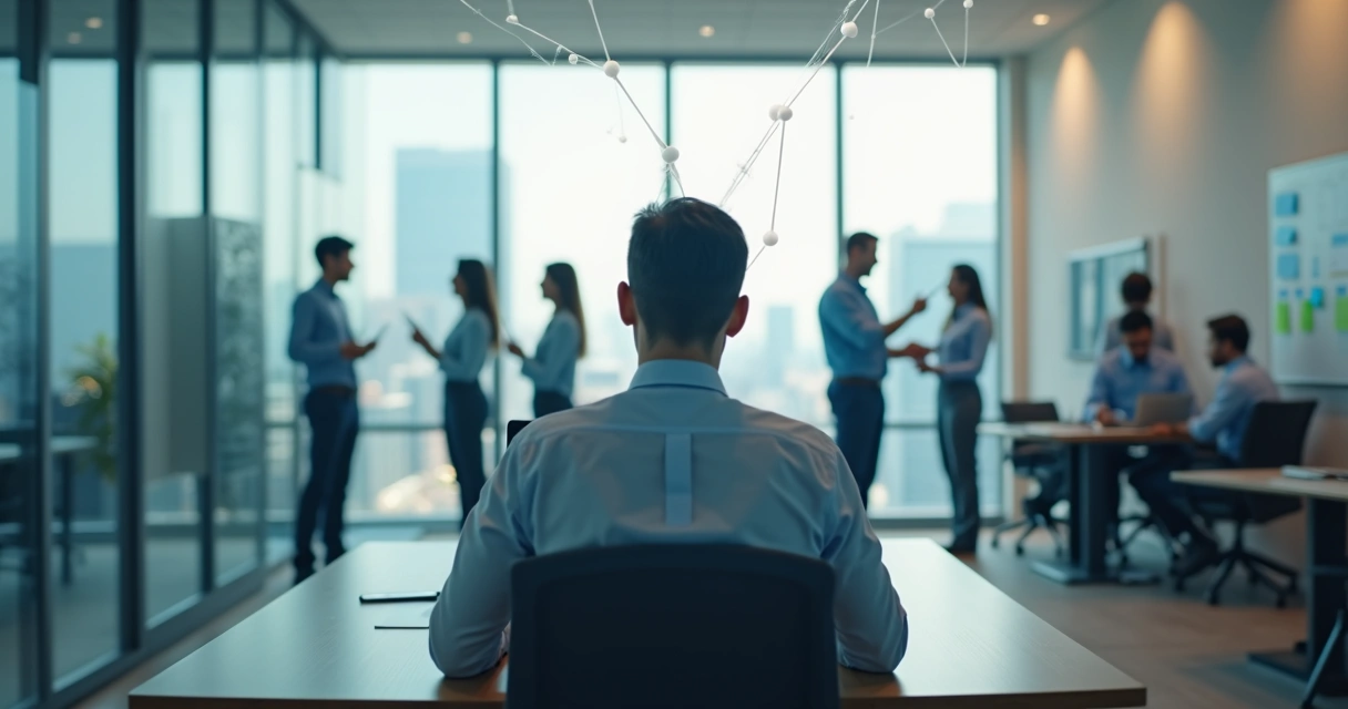 Office worker surrounded by faint overlapping silhouettes representing hidden alliances 