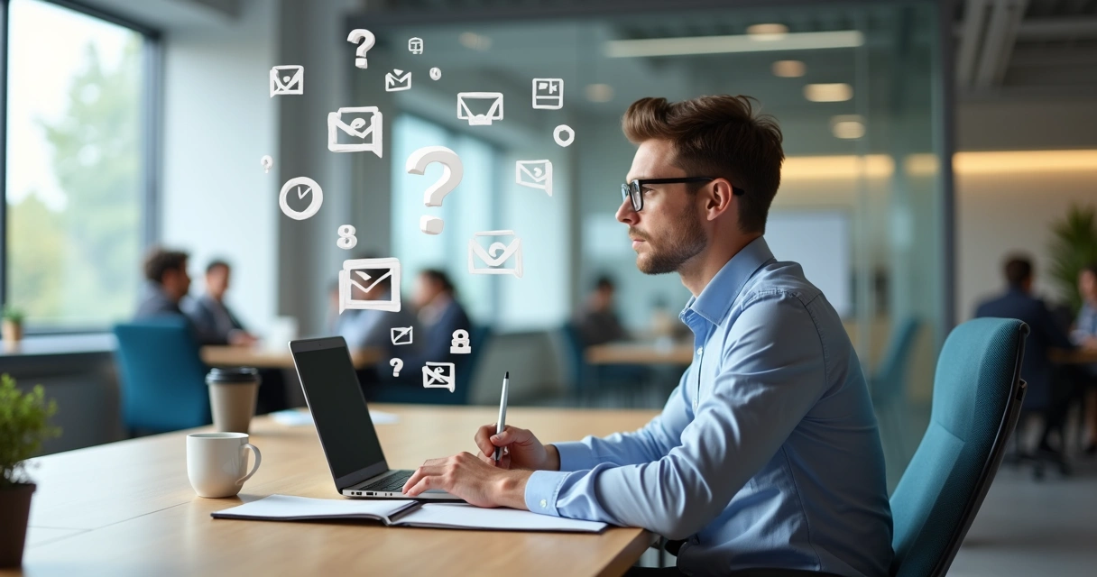 Professional reflecting at desk surrounded by abstract patterns of workplace habits 